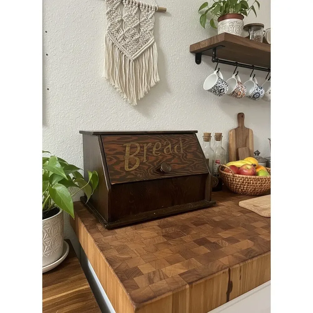 Vintage Handcrafted Wooden Bread Box Rustic Farmhouse Kitchen Counter Storage